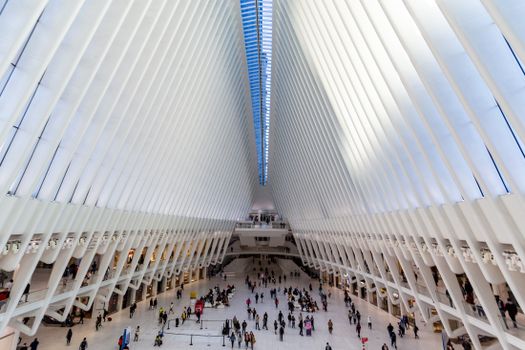 Interior view of the Oculus at Westfield World Trade Center, showcasing modern design and symmetry.