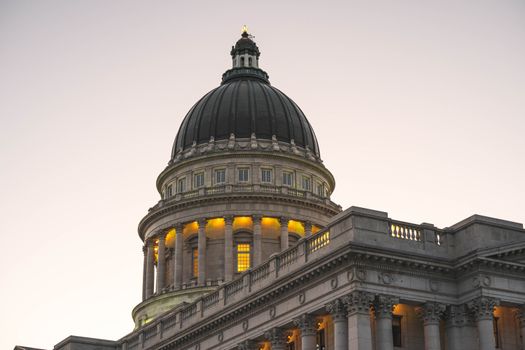 Neoclassical architecture of Utah State Capitol dome at twilight, Salt Lake City, USA.